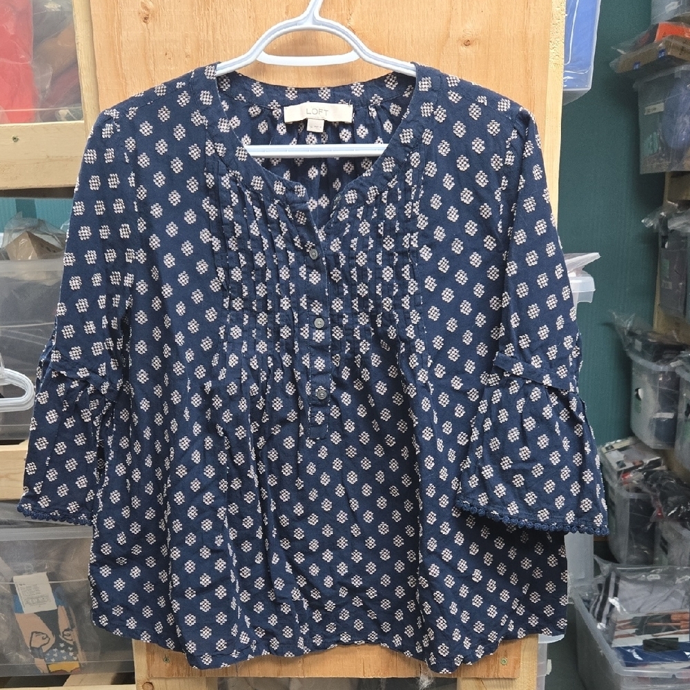 Loft Size M Navy and Cream Cotton Bell Sleeved Shirt